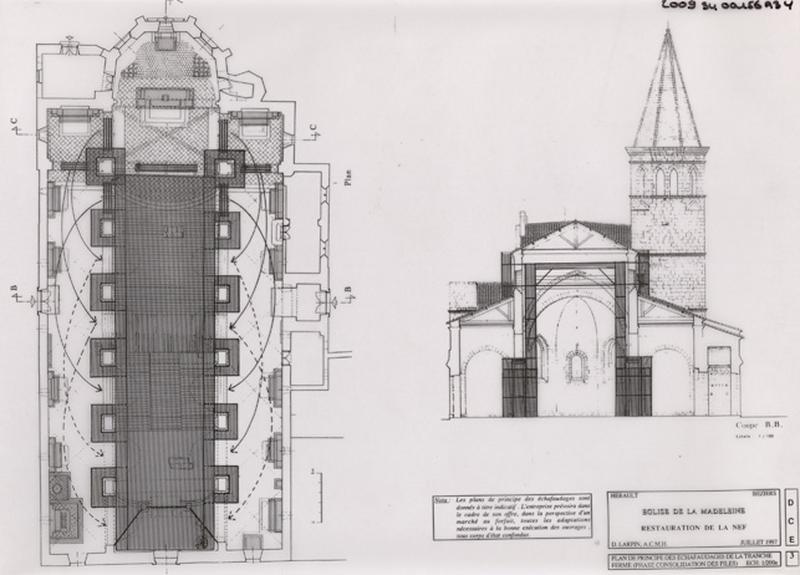 Restauration de la nef : plan de principe des échafaudages de la tranche ferme (phase consolidation des piles). DCE 3.