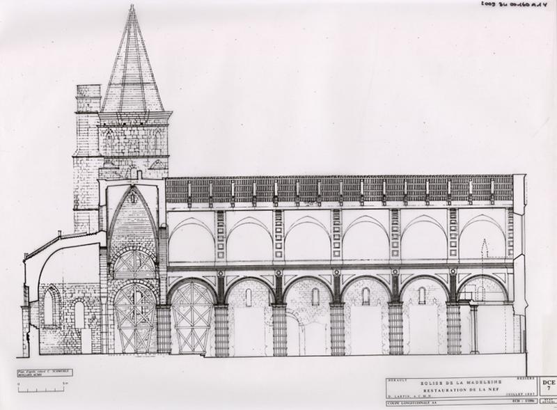 Restauration de la nef : coupe longitudinale AA. DCE 7. Etat actuel.