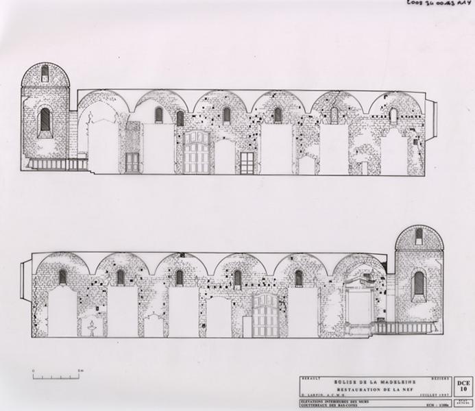 Restauration de la nef : élévations intérieures des murs, goutereaux des bas-côtés. DCE 10. Etat actuel.