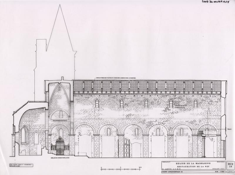 Restauration de la nef : coupe longitudinale AA. DCE 14. Etat projeté.