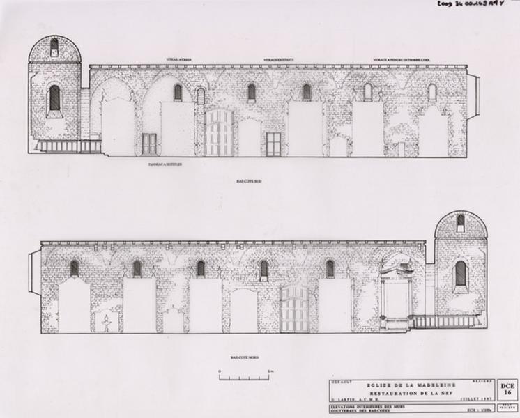 Restauration de la nef : élévations intérieures des murs, gouttereaux des bas-côtés. DCE 16. Etat projeté.