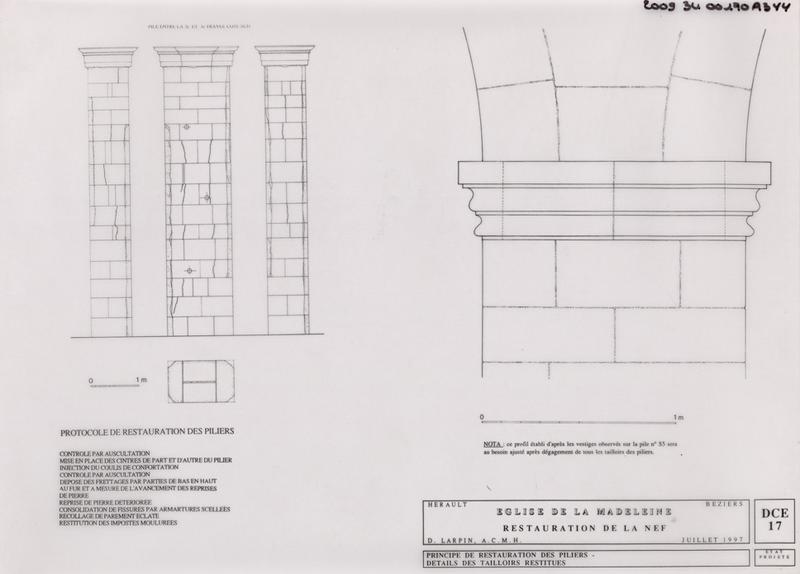 Restauration de la nef : principe de restauration des piliers (???), détails des tailloirs restitués (1/10). DCE 17. Etat projeté.