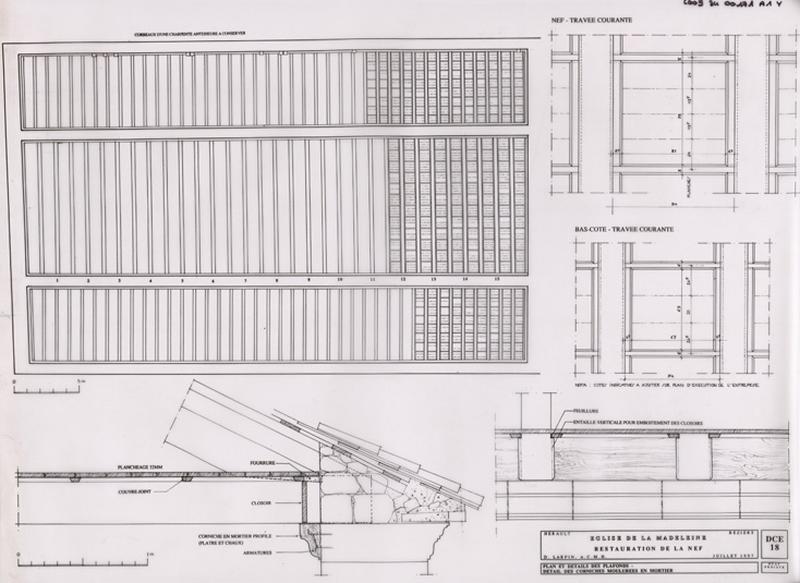 Restauration de la nef : plan et détails des plafonds (1/100), détails des corniches moulurées en mortier (1/10). DCE 18. Etat projeté.