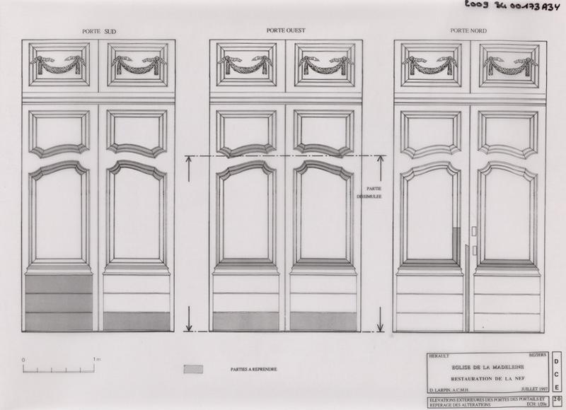 Restauration de la nef : élévations extérieures des portes des portails et reprérage des altérations. DCE 20.