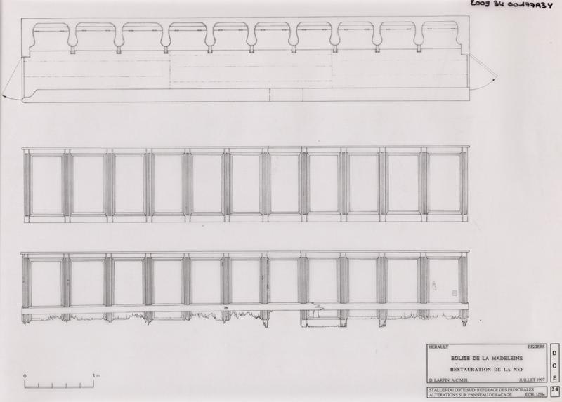 Restauration de la nef : stalles du côté sud, repérage des principales altérations sur panneau de façade. DCE 24.