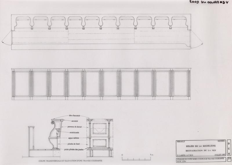 Restauration de la nef : stalles du côté nord, coupe sur travée courante. DCE 25.
