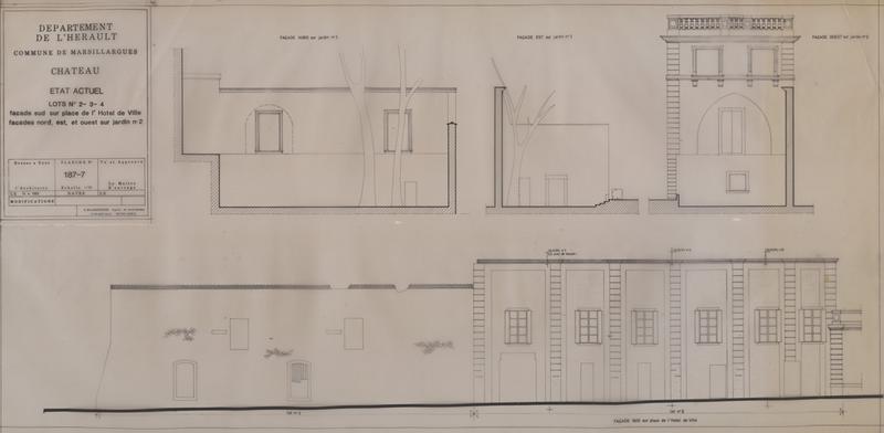 Château, état actuel : lot n°2-3-4, façade sud sur la place Hôtel de Ville, façades nord, est et ouest sur jardin n°2. Planche 187-7.