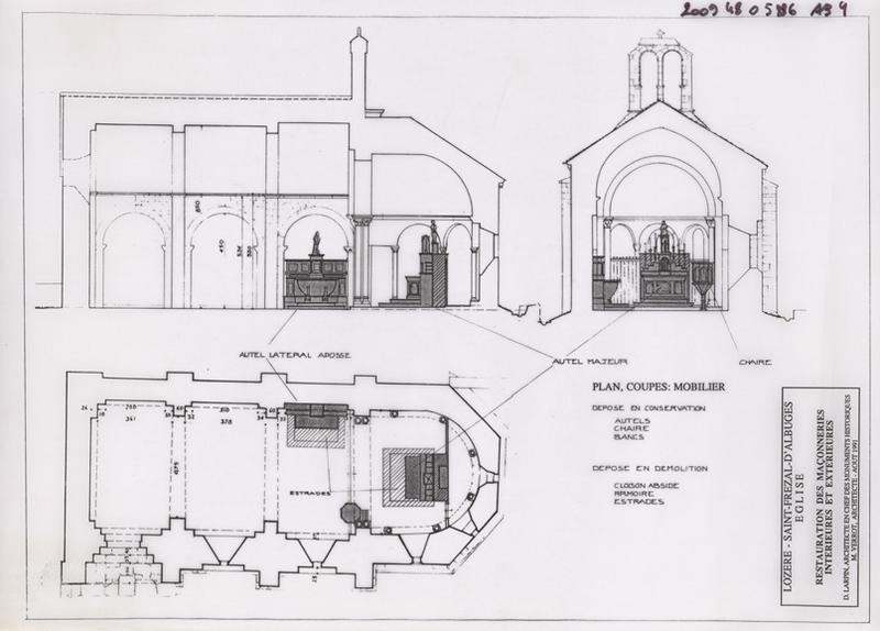 Restauration des maçonneries intérieures et extérieures. Plans, coupes : mobilier.