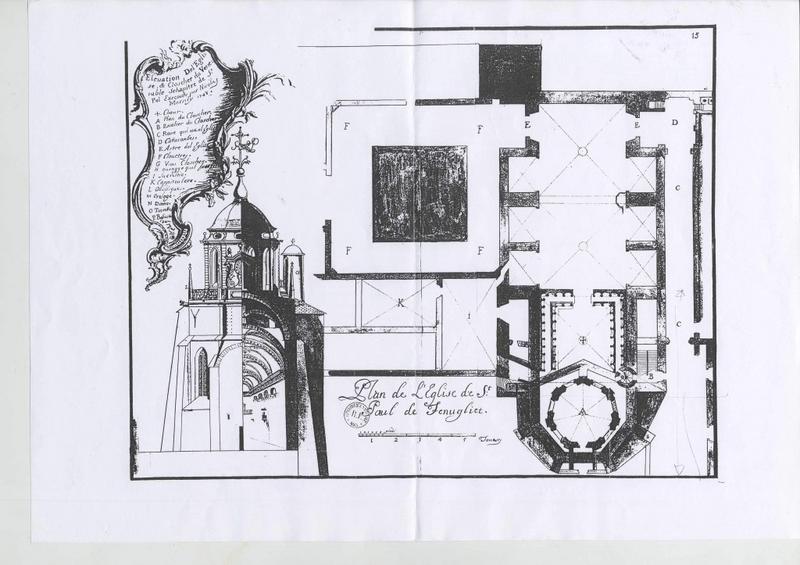 Projet de restauration du clocher : plan de l'église et du cloître et élévation du clocher. Marsilly, 1748, BN cote 23-038.