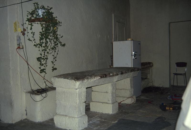 Intérieur ; cuisine avec une table en pierre et un potager.