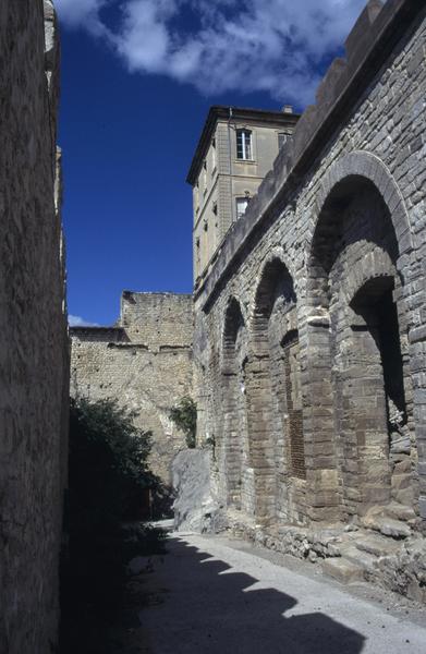 Aile du XVIIIe s : façade ouest et mur de soutènement de la cour.