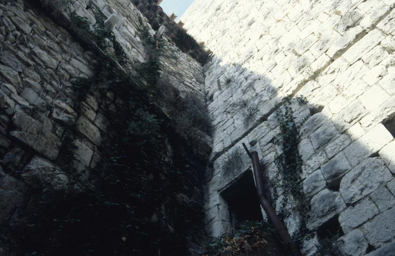 Façade arrière, entrée et restes de courtine.