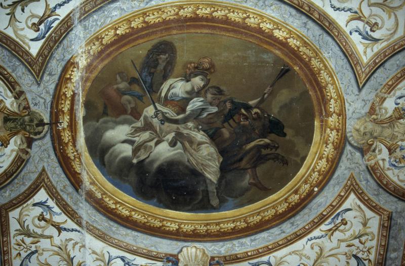 Vue intérieure. 1er étage, cabinet de travail de l'éveque. Peinture : Allégorie de la Force d'après Simon Vouet.