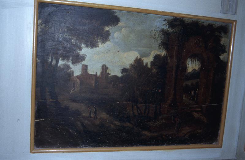 Vue intérieure du rez-de-chaussée, salle des Vertus : lambris de la porte, paysage peint.