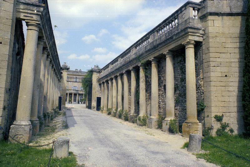 Entrée du domaine : allée et restes de la colonnade.