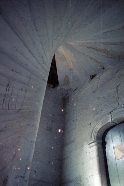 Vue intérieure : escalier en vis, trompe décorée.