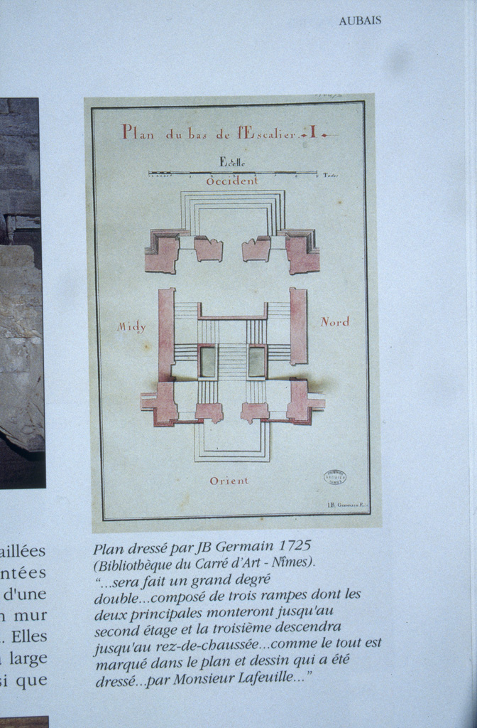 Plan du bas de l'escalier par JB. Germain en 1725 ; document issue d'un ouvrage.