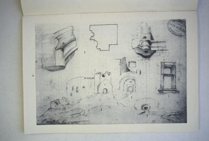 Dessin issu de l'article d'Elie Pelaquier dans Rhodania (1984), dont l'original de Léon Alègre date du milieu du XIXe siècle et est conservé à la bibliothèque-musée de Bagnols-sur-Cèze.