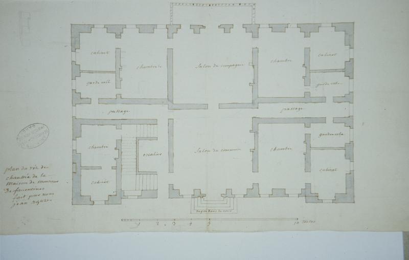 Plan du rez-de-chaussée, par Jean Aguze, notaire de l'inventaire des biens en 1776, archives départementales 1E1836.