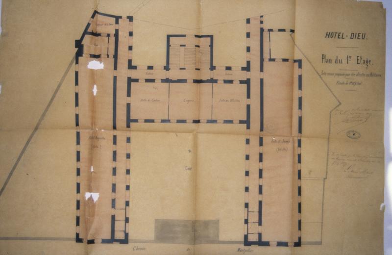 Dessin par Granon en 1877.Plan premier étage, archives départementales B92.