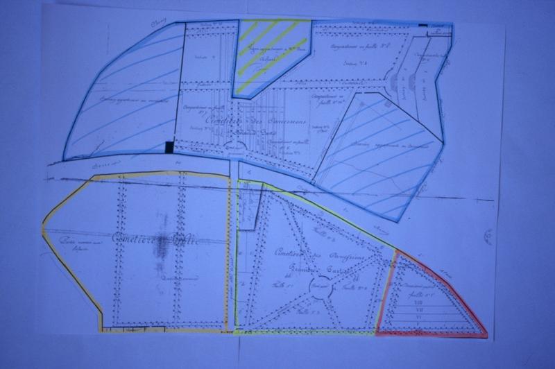 Plan (après 1856) avec partie centrale hachurée de la parcelle Roussy (vigne), archives départementales 42 J 73.