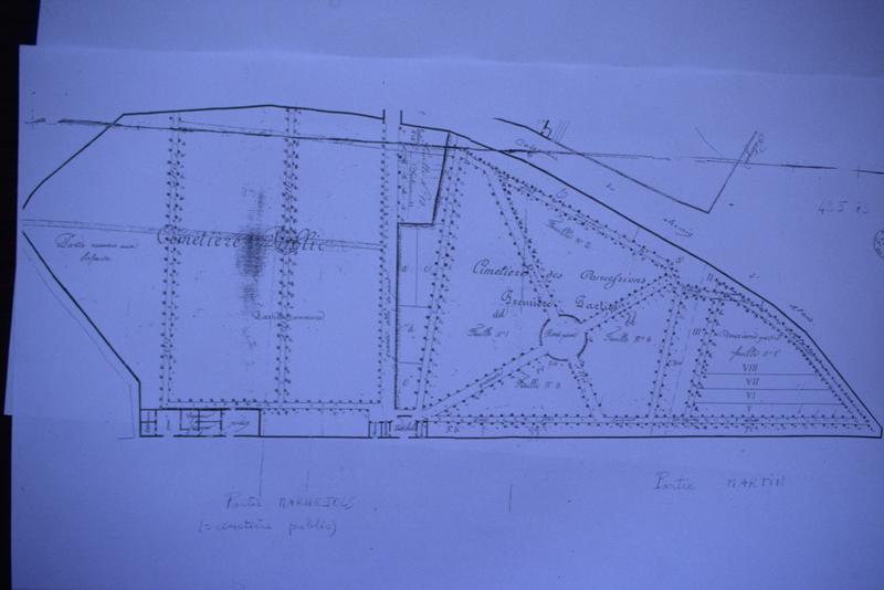 Plan (après 1856) de la partie Maruejols (cimetière public), archives départementales 42 J 73.