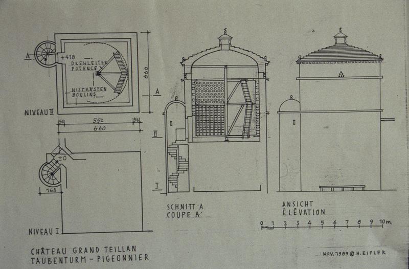 Plans et coupes du pigeonnier, par H. Eifler, 1989.