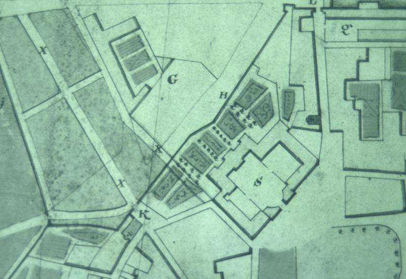 Plan 1737 La Blottière ; en G : enclos du collège et du séminaire.