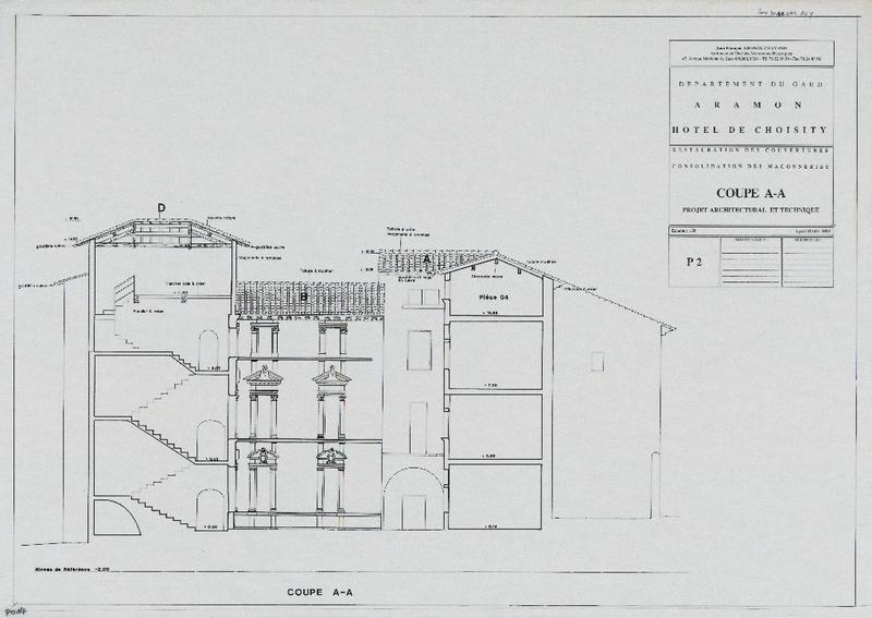 Restauration des couvertures, consolidation des maçonneries, coupe A-A, PAT, P2.