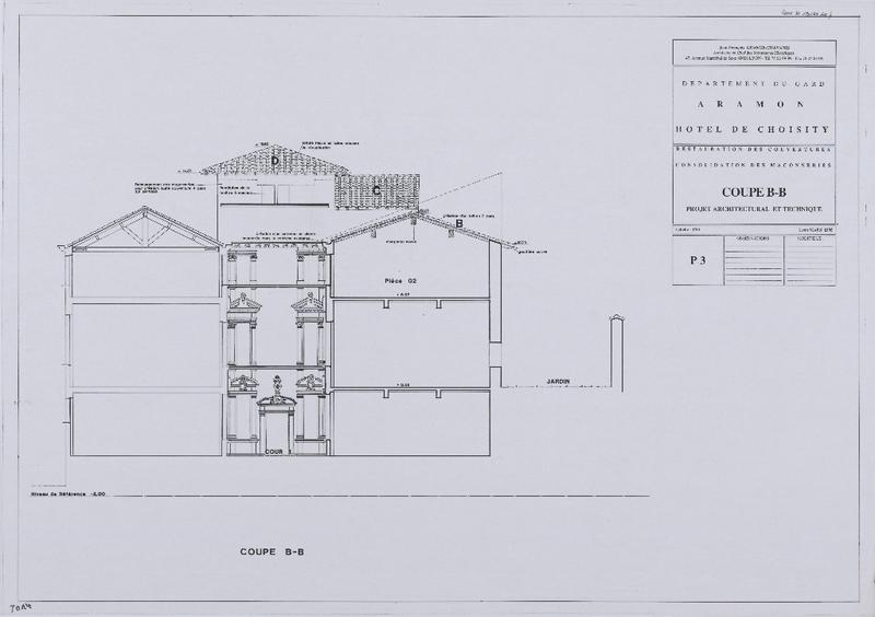 Restauration des couvertures, consolidation des maçonneries, coupe B-B, PAT, P3.