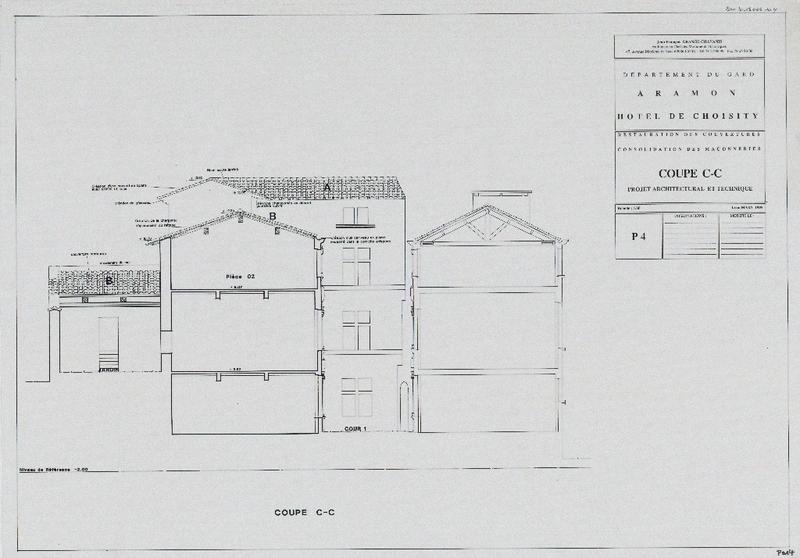 Restauration des couvertures, consolidation des maçonneries, coupe C-C, PAT, P4.