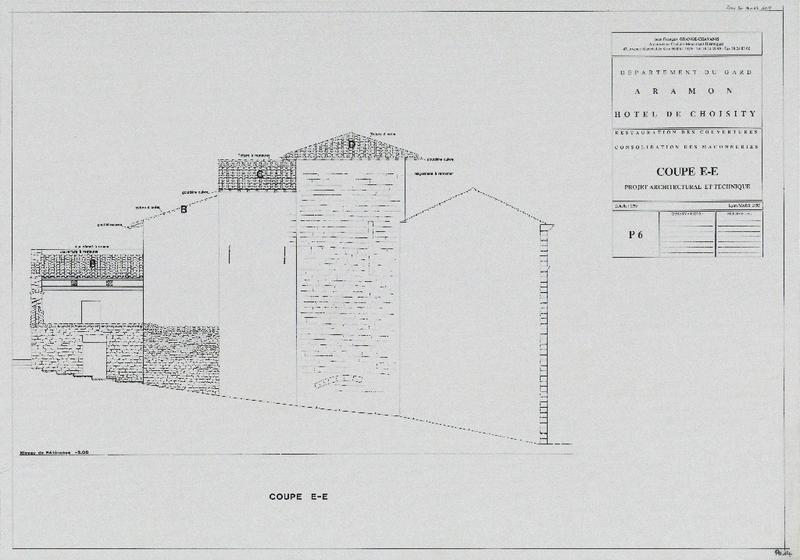 Restauration des couvertures, consolidation des maçonneries, coupe E-E, PAT, P6.