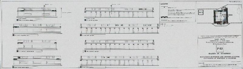 Restauration de l'ornementation architecturale de la promenade basse. P03. Bassin du Nymphée. Elévations du podium aux groupes sculptés, élévations du portique à colonnes.