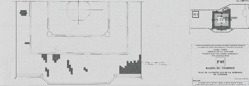 Restauration de l'ornementation architecturale de la promenade basse. P05. Bassin du Nymphée. Plan de la partie sud de la terrasse du Nymphée.