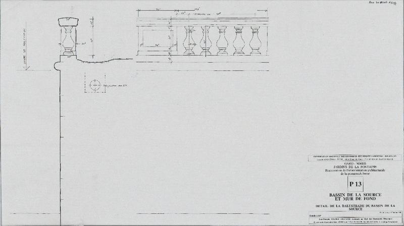 Restauration de l'ornementation architecturale de la promenade basse. P13. Bassin de la Source et mur de fond. Détail de la balustrade du bassin de la source.