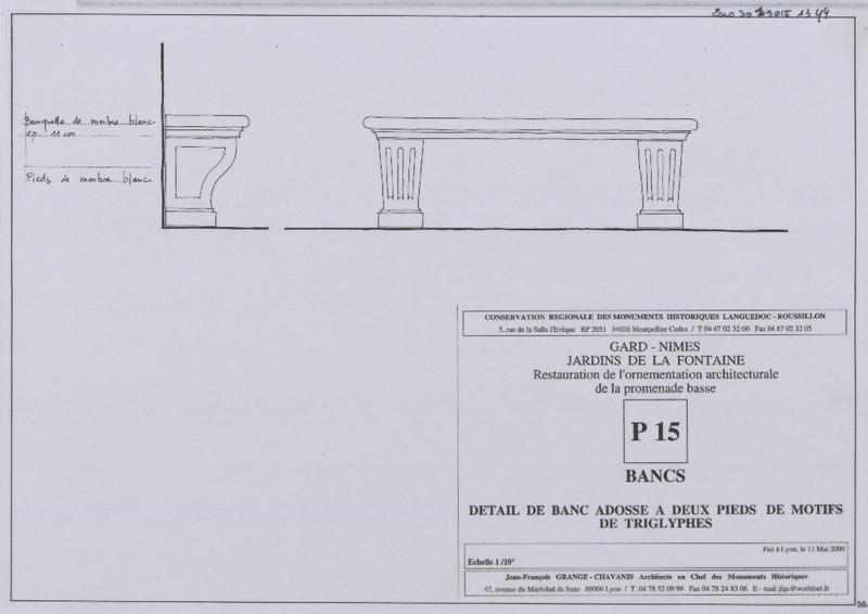 Restauration de l'ornementation architecturale de la promenade basse. P15. Bancs. Détail de banc adossé à deux pieds de motifs de triglyphes.