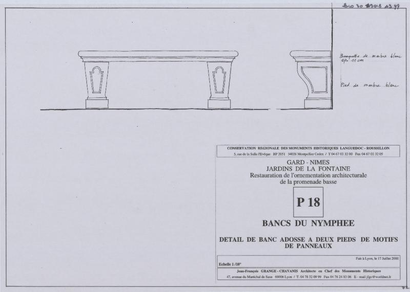 Restauration de l'ornementation architecturale de la promenade basse. P18. Bancs. Détail de banc adossé à deux pieds de motifs de panneaux.