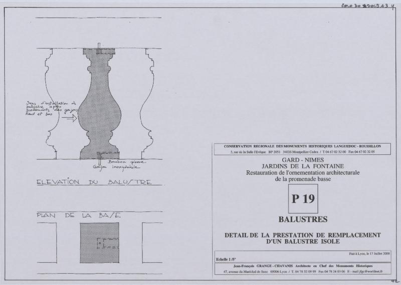 Restauration de l'ornementation architecturale de la promenade basse. P19. Balustres. Détail de la prestation de remplacement d'un balustre isolé.