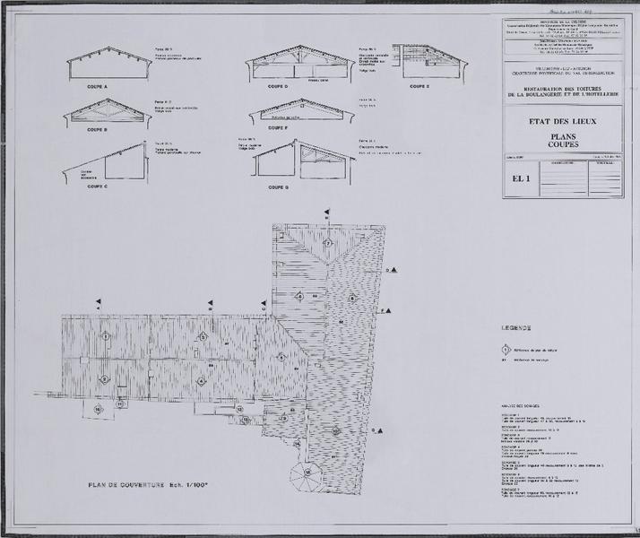 Restauration des toitures de la Boulangerie et de l'Hôtellerie : état des lieux, plans, coupes. EL1.