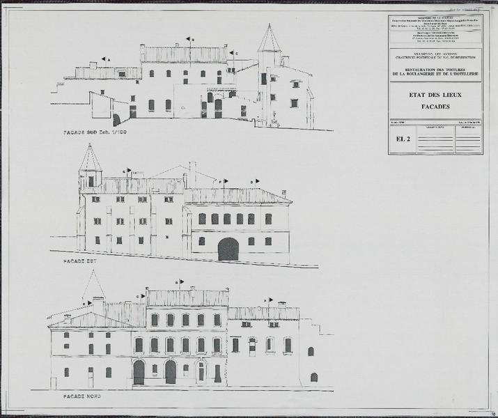 Restauration des toitures de la Boulangerie et de l'Hôtellerie : état des lieux, façades. EL2.