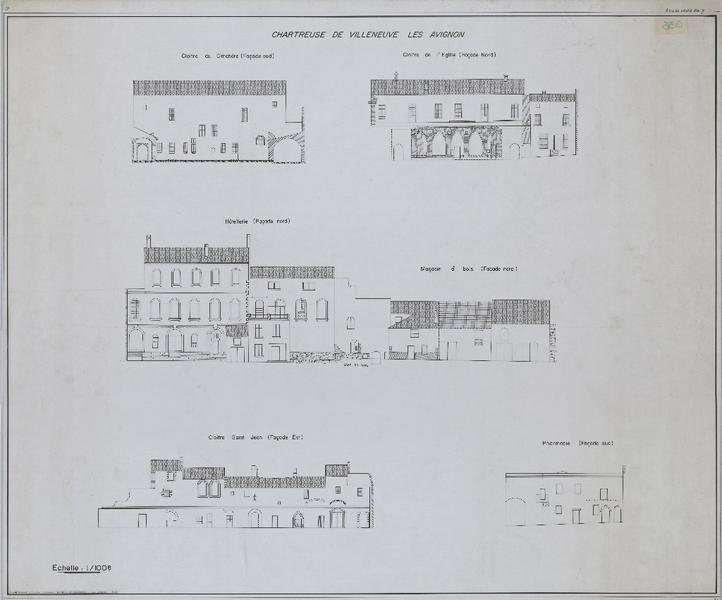 Cloître du cimetière (façade sud), cloître de l'église (façade nord), hôtellerie (façade nord), magasin à bois (façade nord), cloître Saint-Jean (façade est) et pharmacie (façade sud).