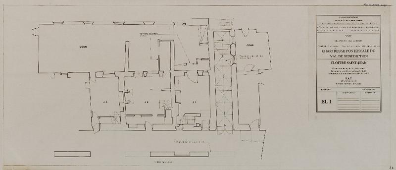 Chartreuse pontificale du Val de Bénédiction. Cloître Saint-Jean : restauration des façades est, sud et ouest. Restauration complète des cellules J1, J2, J3. Restauration des couvertures des cellules J10 et J12. PAT, état des lieux. Plan du rez-de-chaussée. EL1.