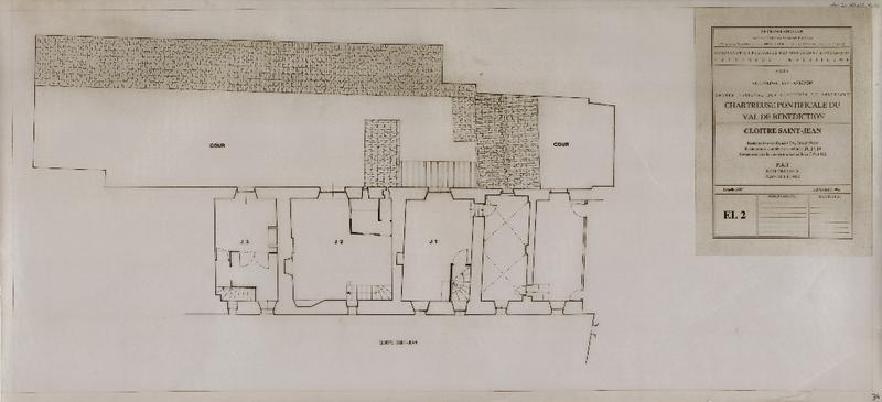 Chartreuse pontificale du Val de Bénédiction. Cloître Saint-Jean : restauration des façades est, sud et ouest. Restauration complète des cellules J1, J2, J3. Restauration des couvertures des cellules J10 et J12. PAT, état des lieux. Plan de l'étage. EL2.