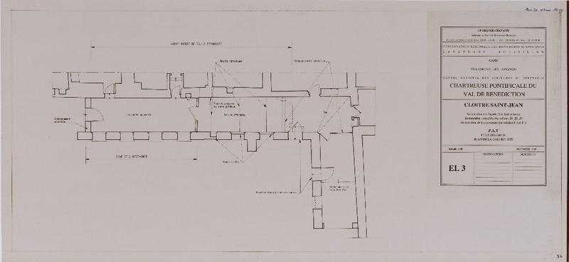 Chartreuse pontificale du Val de Bénédiction. Cloître Saint-Jean : restauration des façades est, sud et ouest. Restauration complète des cellules J1, J2, J3. Restauration des couvertures des cellules J10 et J12. PAT, état des lieux. Plan de la galerie sud. EL3.