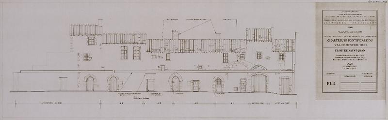 Chartreuse pontificale du Val de Bénédiction. Cloître Saint-Jean : restauration des façades est, sud et ouest. Restauration complète des cellules J1, J2, J3. Restauration des couvertures des cellules J10 et J12. PAT, état des lieux. Elévation est. EL4.