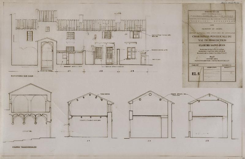 Chartreuse pontificale du Val de Bénédiction. Cloître Saint-Jean : restauration des façades est, sud et ouest. Restauration complète des cellules J1, J2, J3. Restauration des couvertures des cellules J10 et J12. PAT, état des lieux. Elévation sur cour, coupes transversales. EL5.