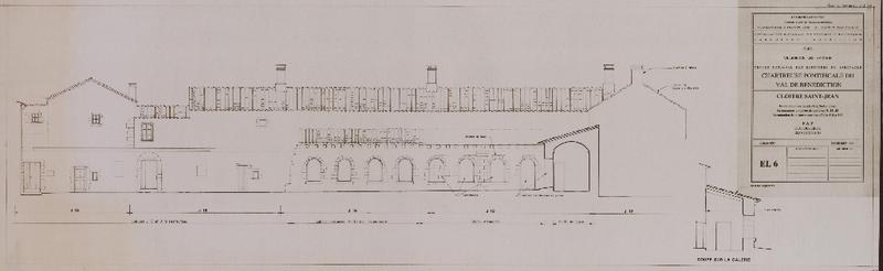 Chartreuse pontificale du Val de Bénédiction. Cloître Saint-Jean : restauration des façades est, sud et ouest. Restauration complète des cellules J1, J2, J3. Restauration des couvertures des cellules J10 et J12. PAT, état des lieux. Elévation sud. EL6.