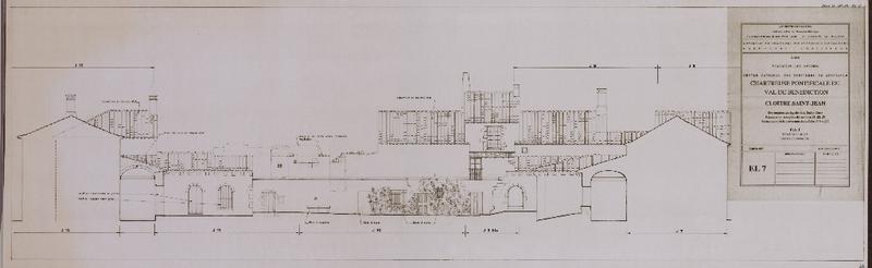 Chartreuse pontificale du Val de Bénédiction. Cloître Saint-Jean : restauration des façades est, sud et ouest. Restauration complète des cellules J1, J2, J3. Restauration des couvertures des cellules J10 et J12. PAT, état des lieux. Elévation ouest. EL7.