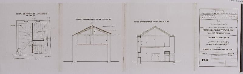 Chartreuse pontificale du Val de Bénédiction. Cloître Saint-Jean : restauration des façades est, sud et ouest. Restauration complète des cellules J1, J2, J3. Restauration des couvertures des cellules J10 et J12. PAT. Charpentes des cellules J10 et J 12. EL8.