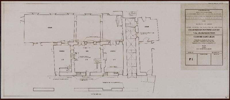 Chartreuse pontificale du Val de Bénédiction. Cloître Saint-Jean : restauration des façades est, sud et ouest. Restauration complète des cellules J1, J2, J3. Restauration des couvertures des cellules J10 et J12. PAT. Projet. Plan du rez-de-chaussée. P1.
